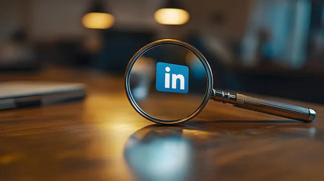 LinkedIn-Logo unter Lupe auf Holzschreibtisch