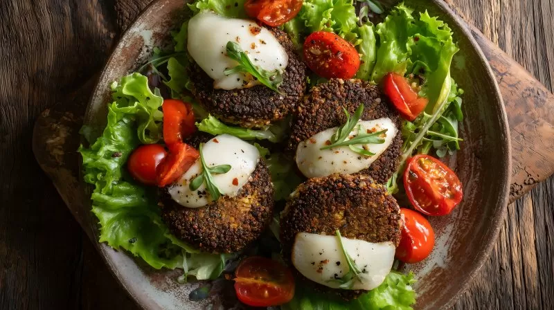 Linsenburger mit geschmolzenem Mozzarella auf Salat