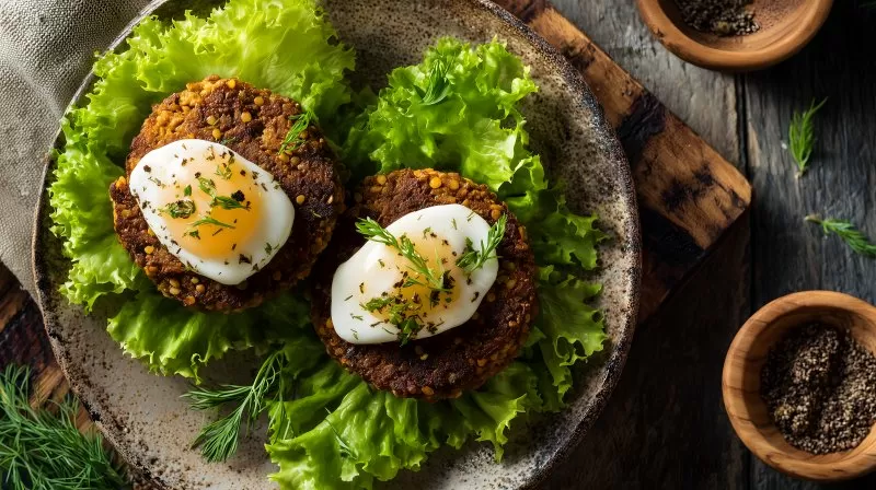 Linsenburger mit pochiertem Ei auf grünem Salat