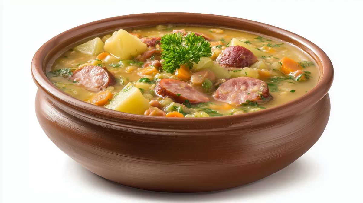 Linsensuppe Erzgebirgsart mit Wurst im Tontopf