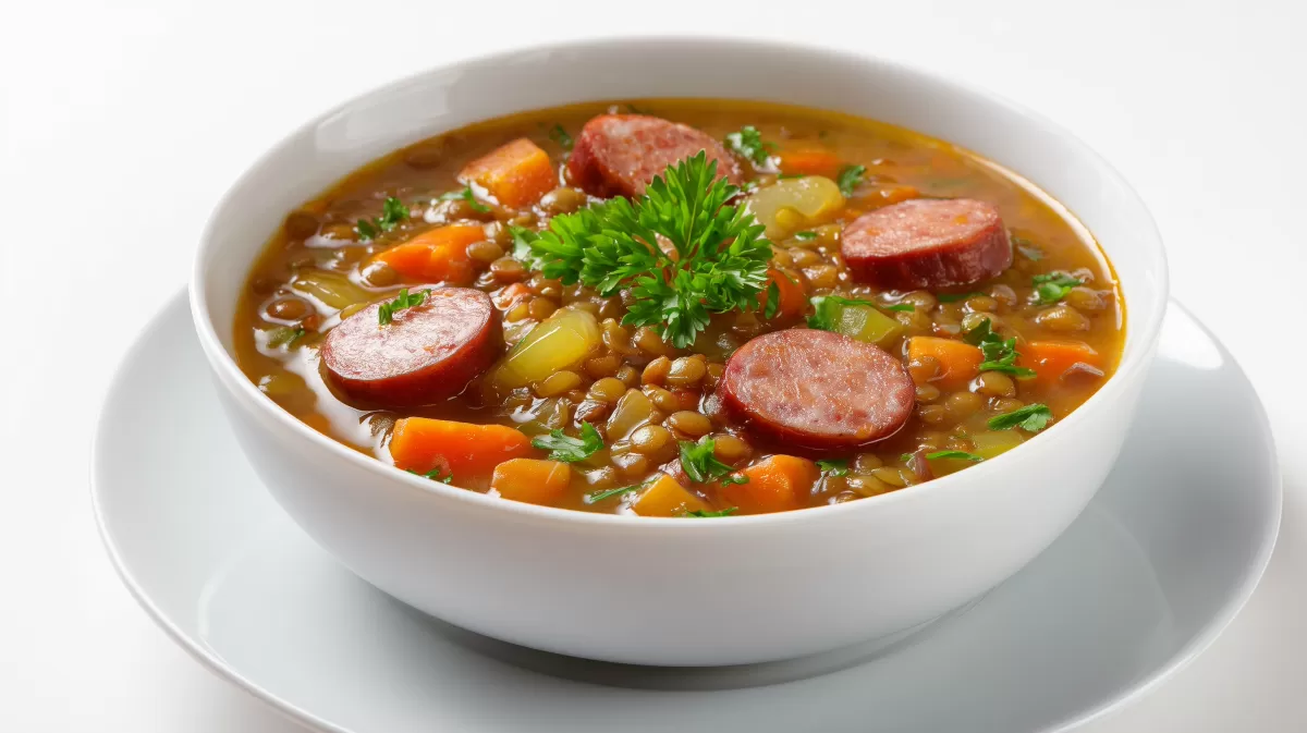 Linsensuppe mit Mettwürstchen frisch garniert