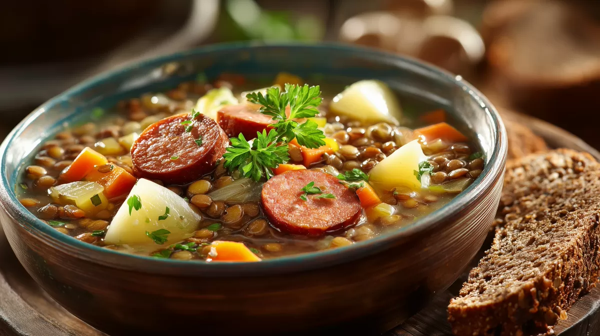 Linsensuppe mit Mettwürstchen frisch serviert