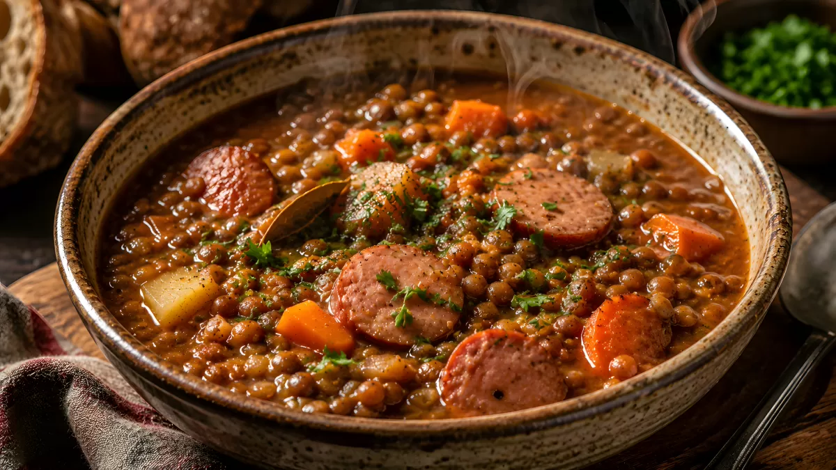 Linsensuppe mit Würstchen in rustikaler Schüssel