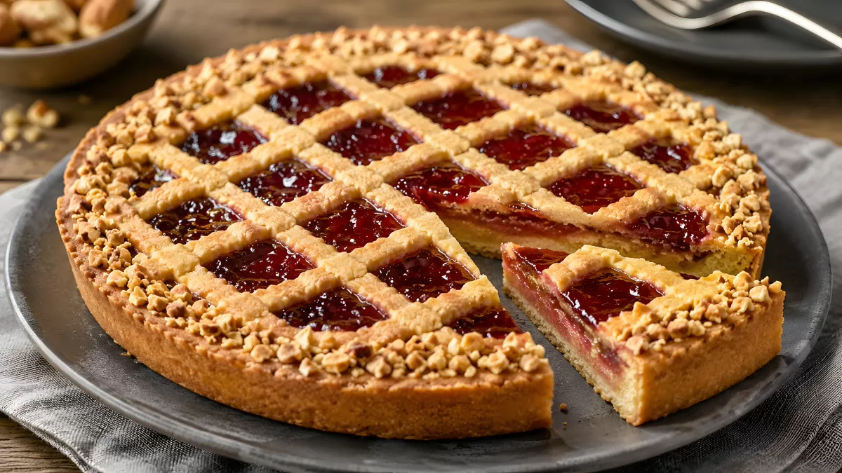 Linzertorte mit Himbeermarmelade und Mürbeteig