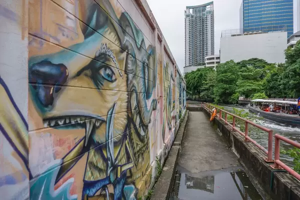 Lion Graffiti on a Wall at the Canal in Bangkok, Thailand
