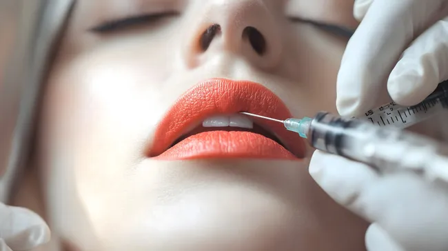 Lippen Behandlung mit Spritze für ästhetische Anwendungen