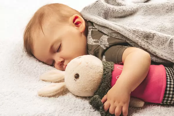 Little boy sleeping hugging his toy