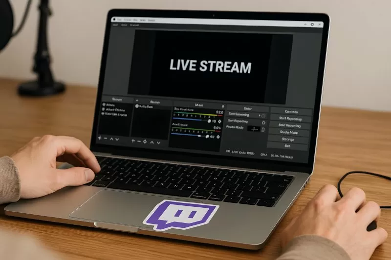 Live stream setup on laptop with OBS and Twitch sticker