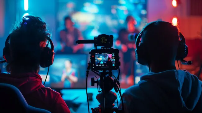Live-Streaming-Event mit Gamern vor blauer Beleuchtung