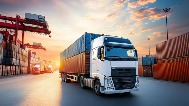 LKW in sonnigem Containerhafen bei Sonnenuntergang