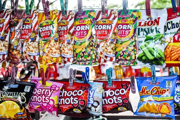 Local snacks clipped on wires for display