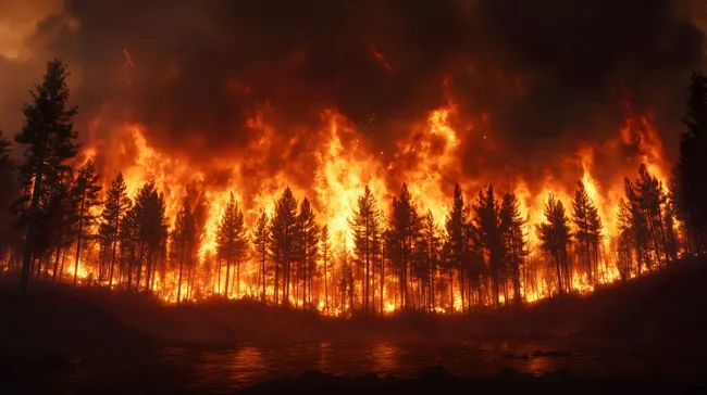 Loderndes Waldfeuer mit Flammeninferno in Nachtlandschaft
