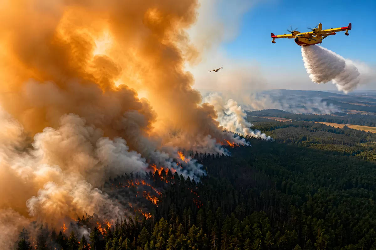 Löschflugzeug bekämpft massiven Waldbrand aus der Luft