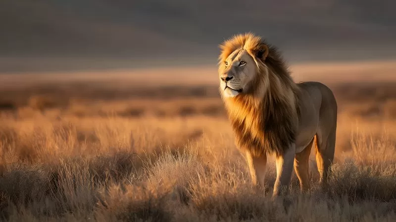 Löwe in der Savanne bei Sonnenuntergang mit majestätischer Mähne