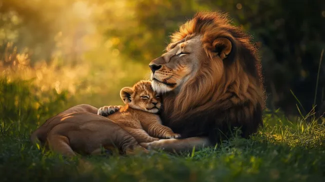 Löwenfamilie im Sonnenuntergang - Vater und Junges kostenlos herunterladen