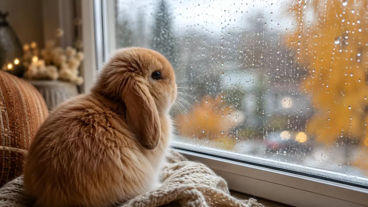 Löwenkopfkaninchen schaut durch verregnetes Fenster
