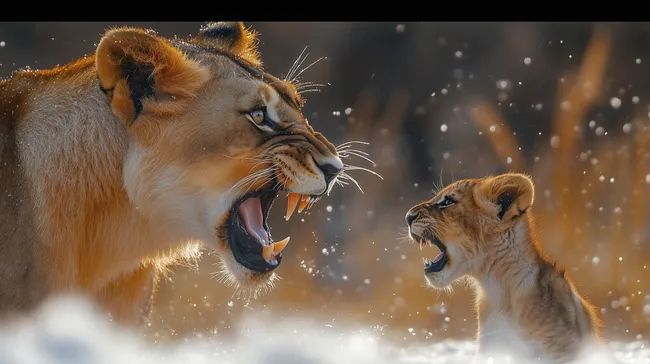 Löwenmutter und Junges brüllen sich an im Schneefall