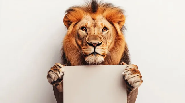 Löwenporträt mit Karton auf weißem Hintergrund