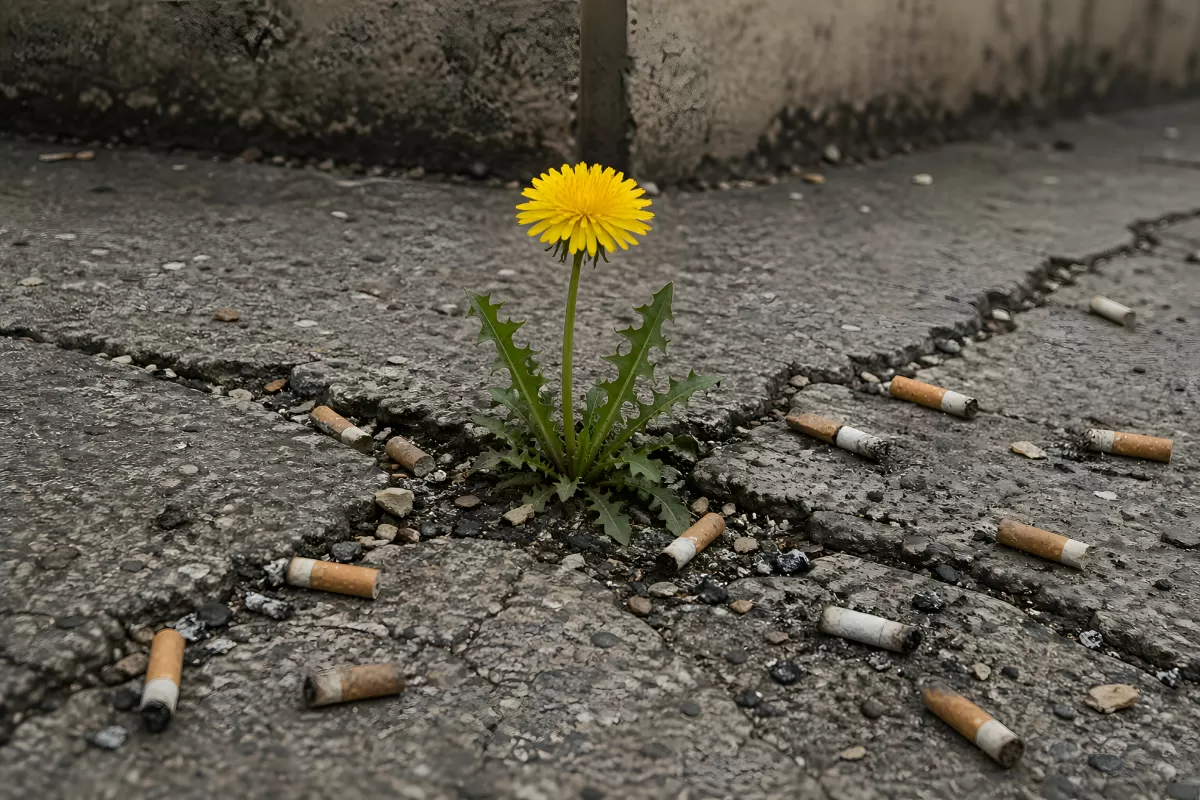 Löwenzahn wächst durch Asphalt zwischen Zigarettenkippen
