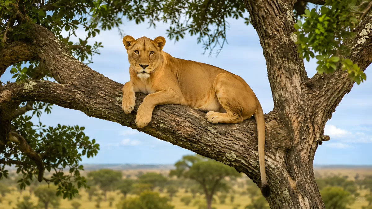 Löwin ruht auf einem Ast in der afrikanischen Savanne