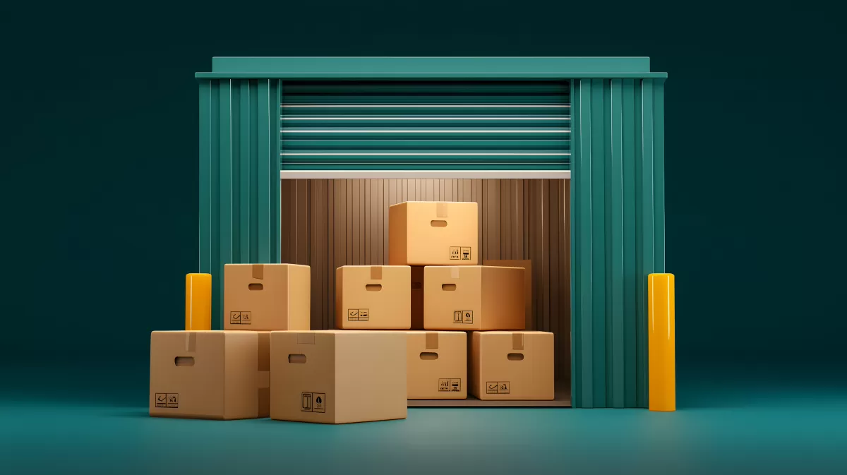 Logistik-Lager mit Kartonbergen und Rolltor