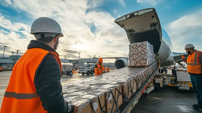 Logistikarbeiter beladen Frachtflugzeug auf Rollfeld