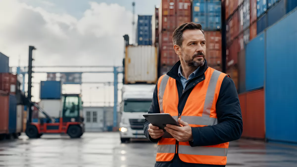 Logistiker mit Tablet am Containerhafen bei bewölktem Himmel