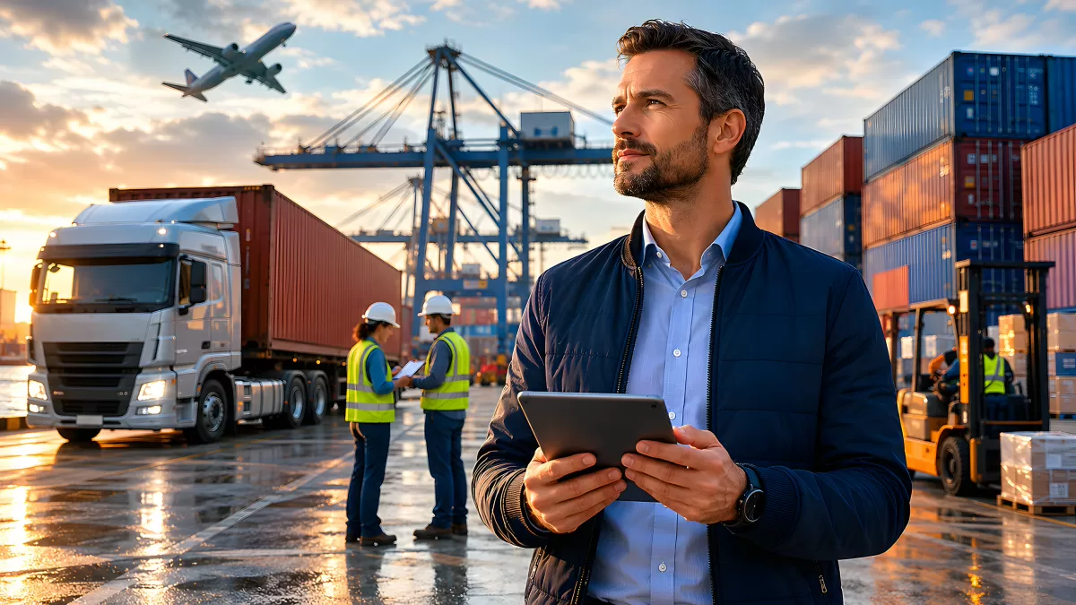 Logistikmanager mit Tablet am Containerhafen