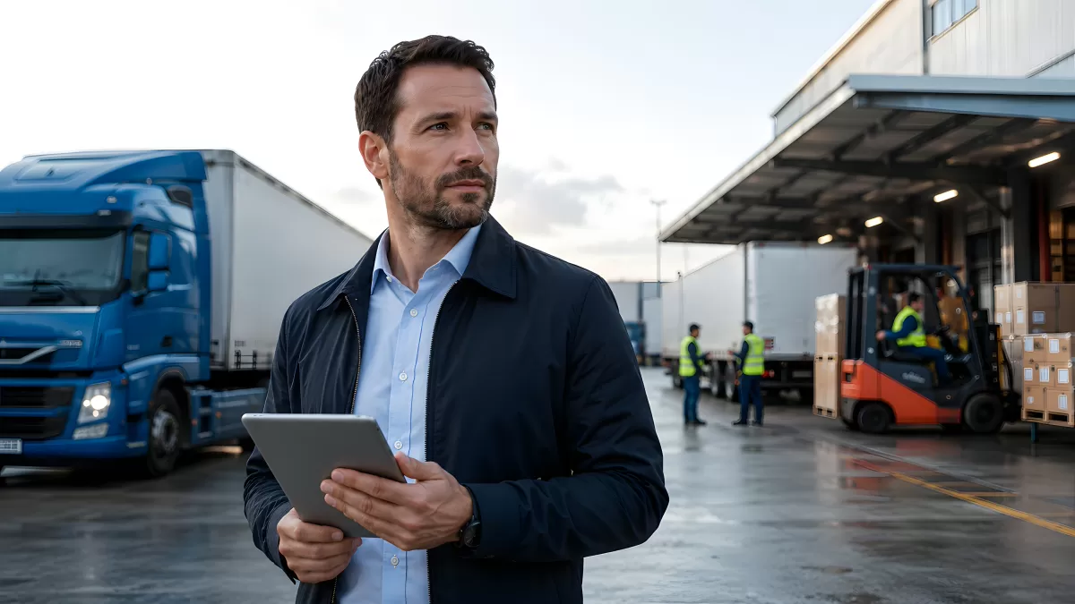 Logistikmanager mit Tablet auf einem Lagergelände