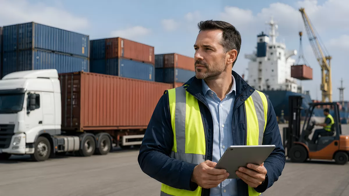 Logistikmanager mit Tablet im Containerhafen