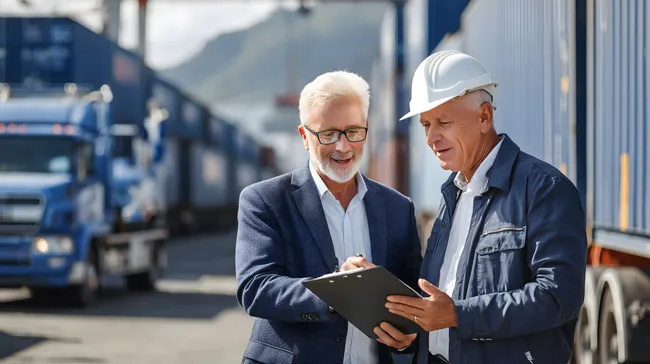 Logistikmanager und Ingenieur besprechen Containerverwaltung