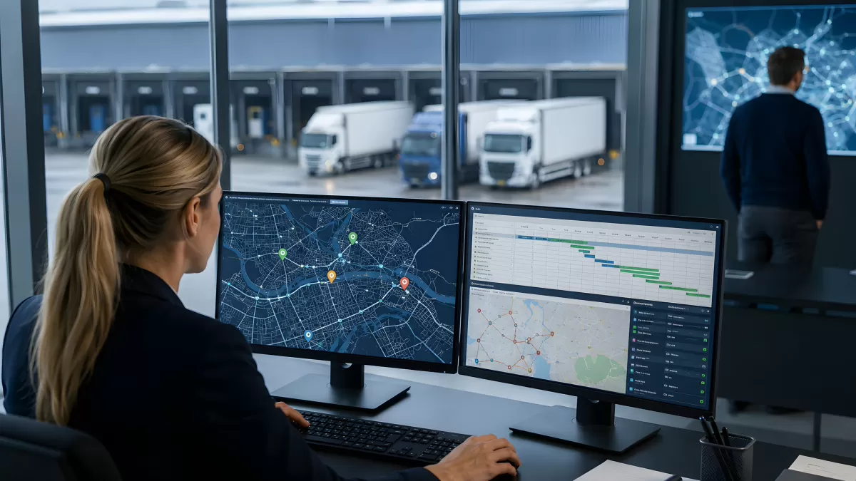 Logistikzentrale mit GPS-Tracking und LKW-Flotte