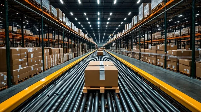 Logistikzentrum mit Förderbändern und Paketen