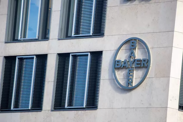 Logo of the pharmaceutical and chemicals company Bayer on the exterior of ²BAC building at BER airport