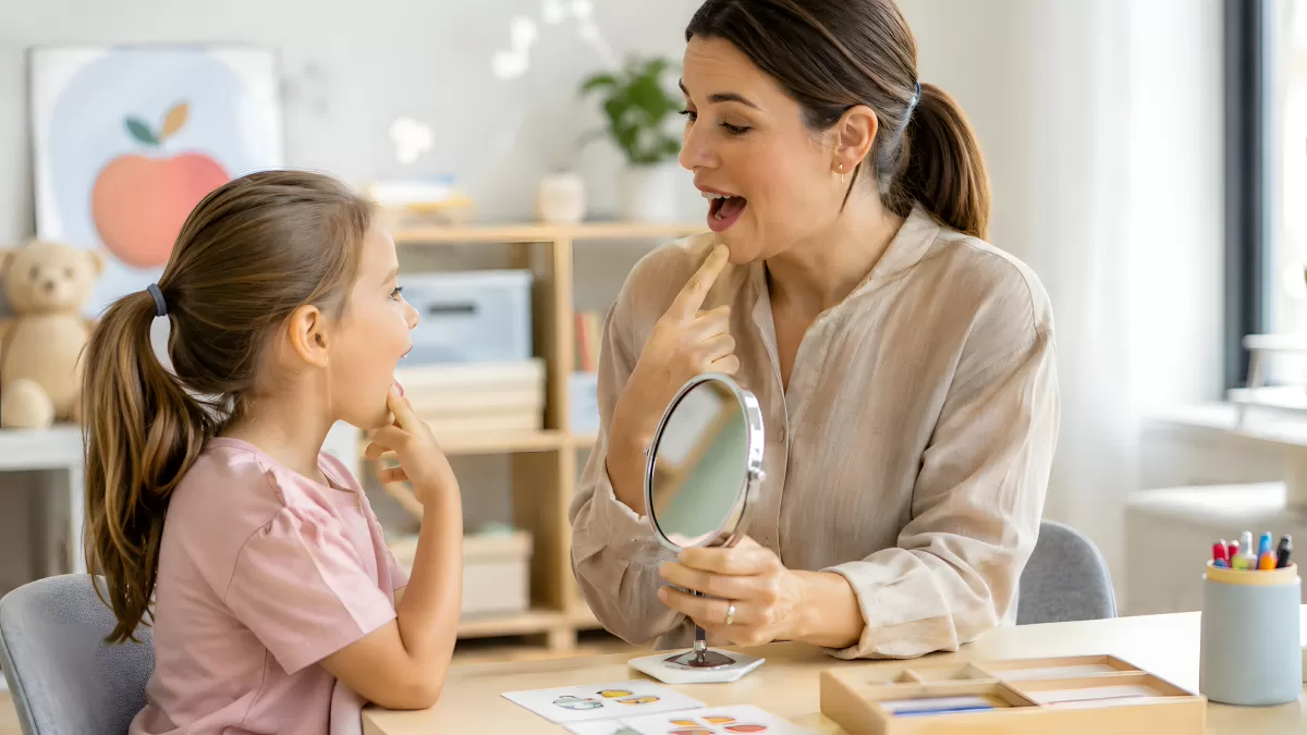 Logopädin übt Aussprache mit kleinem Mädchen