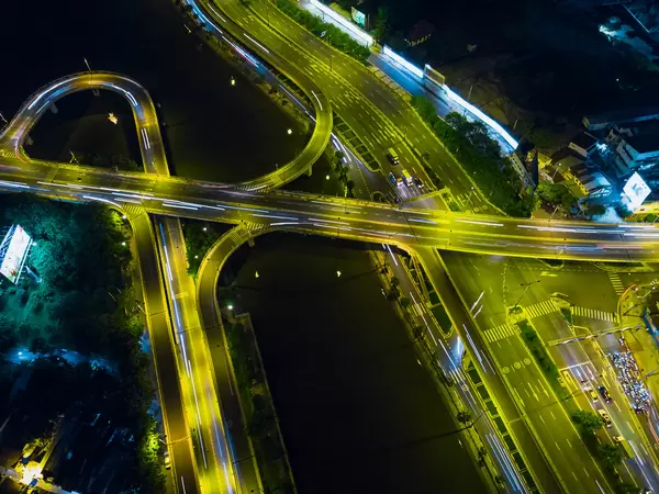 Long Exposure Drone Photo of a Bridge System over Saigon River connecting three Districts in Ho Chi Minh City, Vietnam
