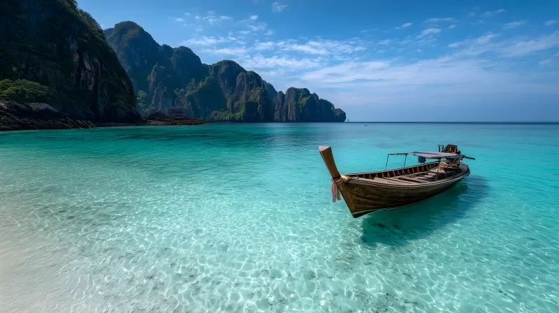Longtailboot am türkisblauen Wasser in Maya Bay Thailand