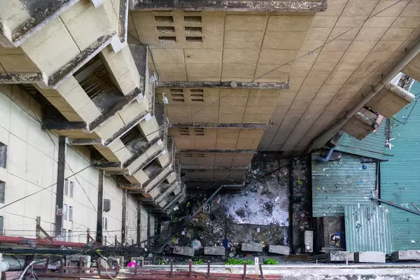 Look Down View of The Cafe Apartment to a Residential Area with many Electric Wires in Ho Chi Minh City, Vietnam