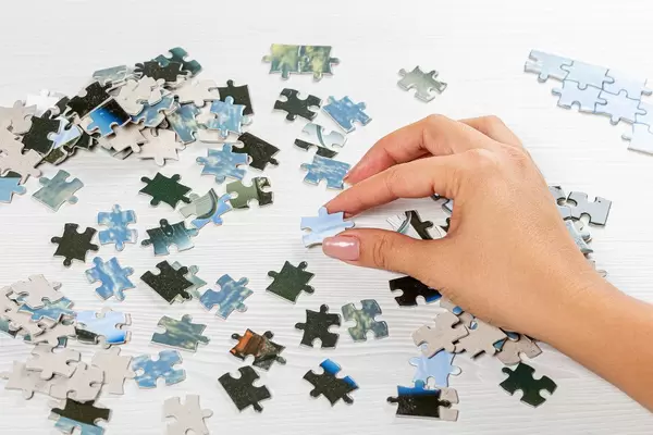 Lots of puzzle pieces on the table and one in a woman's hand (Flip 2019)