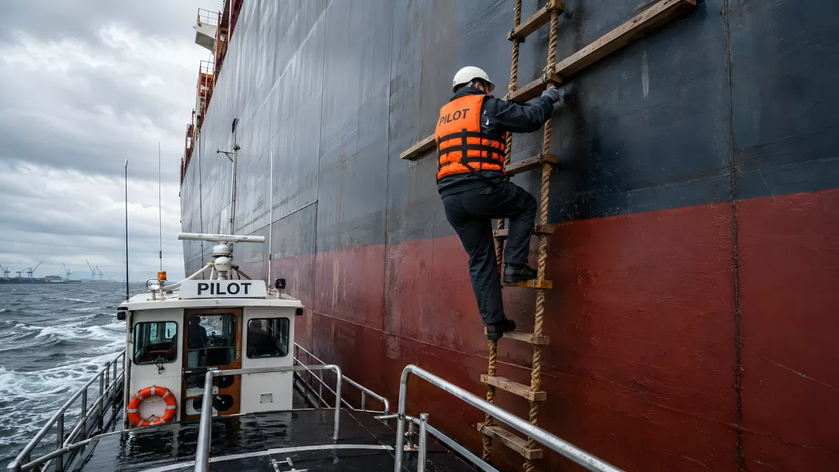 Lotse klettert Jakobsleiter an Containerschiff