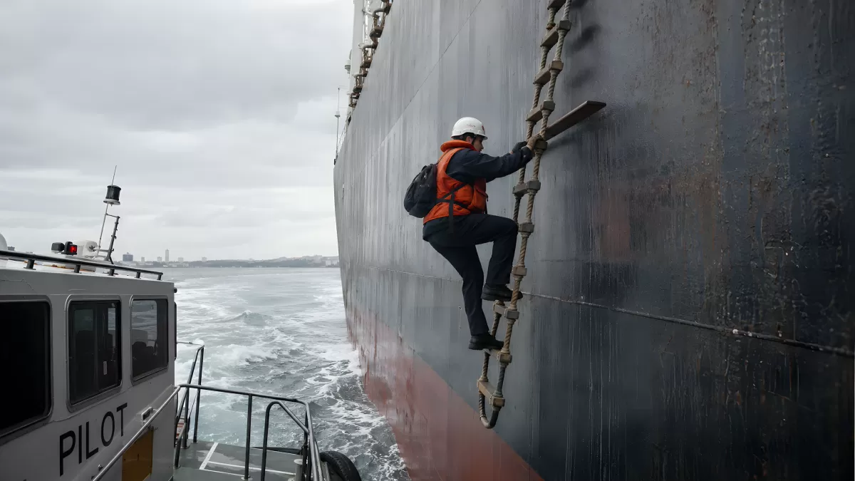 Lotse klettert Jakobsleiter an Schiffswand hoch