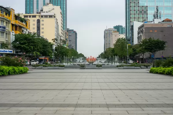 Lotus Flower Water Fountain at Nguyen Hue Walking Street without People in Saigon, Vietnam