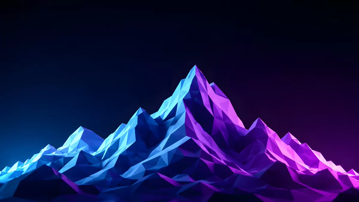 Low-Poly-Gebirge in Blau und Lila auf dunklem Hintergrund