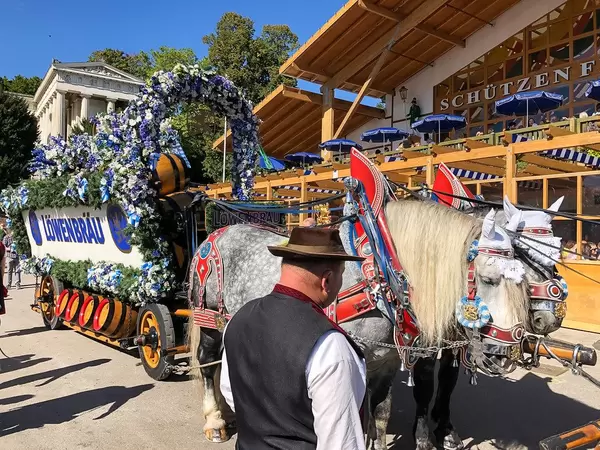 Löwenbräum Kutsche in blau weiß mit Islandspfereden auf der Wiesn vor dem Schützenfestzelt