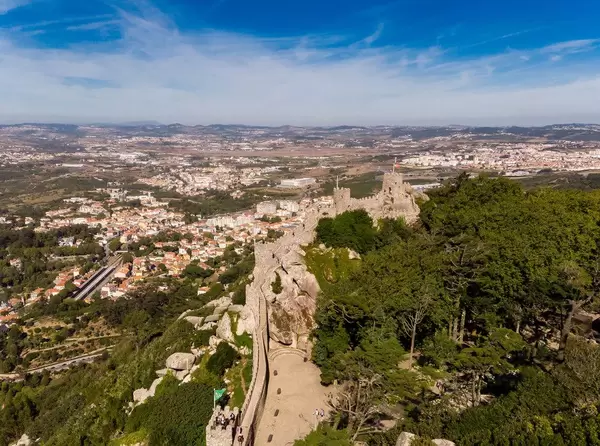 Luftaufnahme der Burg von den Mauren mit Bäumen