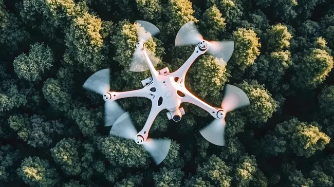 Luftaufnahme einer Drohne über herbstlichem Laubwald