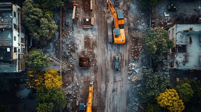 Luftaufnahme einer intensiven Baustelle mit Baumaschinen und Kränen