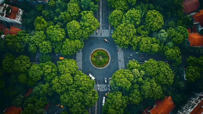 Luftaufnahme einer Stadt mit grünem Kreisverkehr