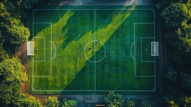 Luftaufnahme eines grünen Fußballfeldes mit geometrischen Linien