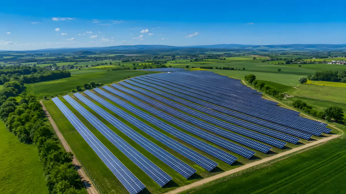 Luftaufnahme eines Solarparks in grüner Landschaft